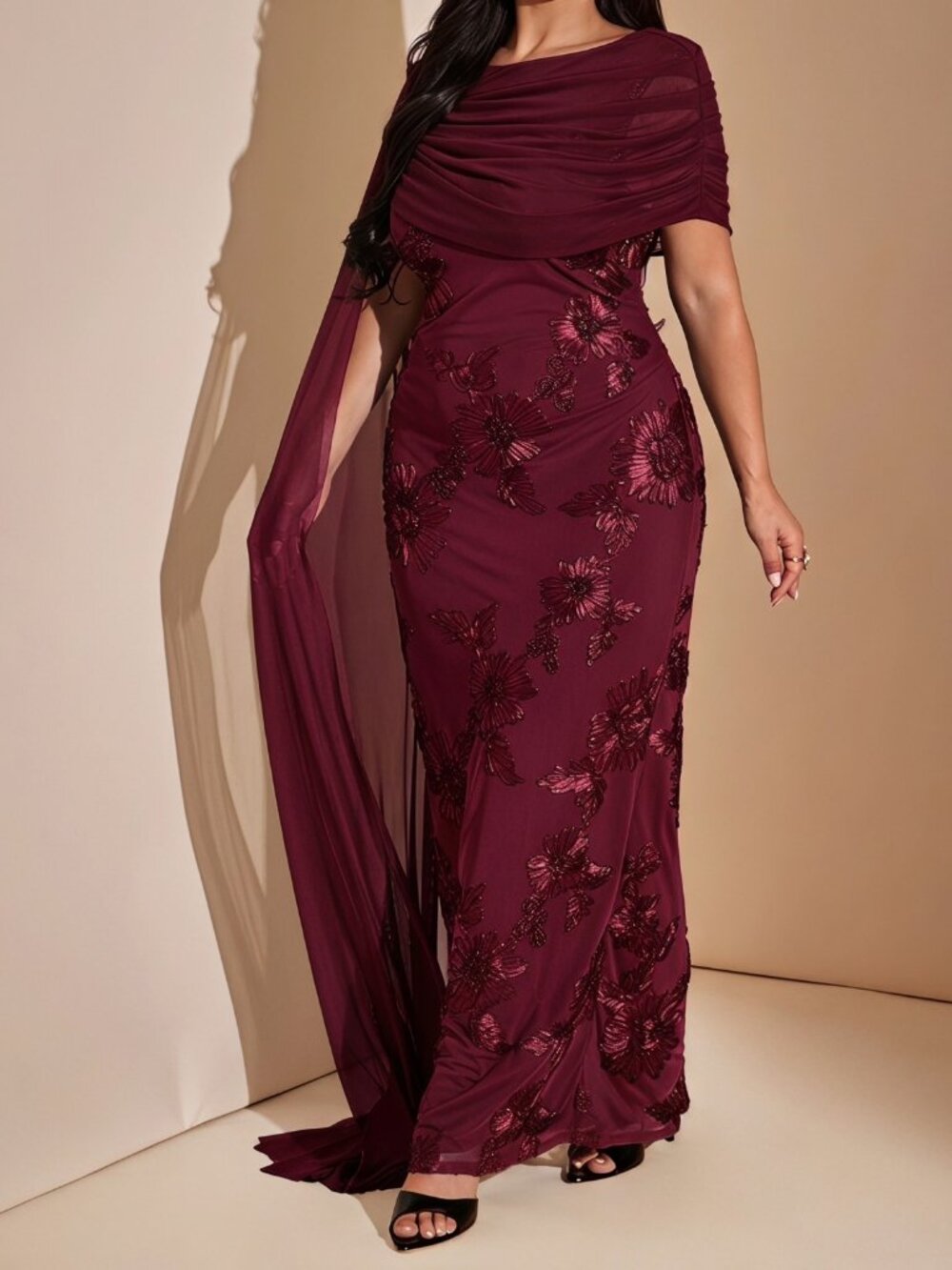 Burgundy Preppy Women's Fitted Floral Embroidered Maxi Dress - Picture 3 of 5
